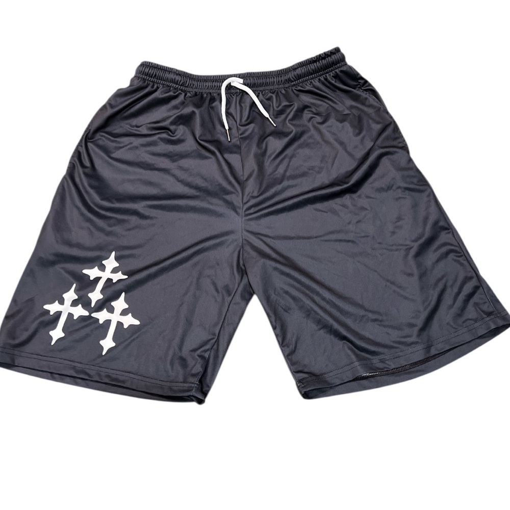 NWOT Men’s Black and White Athletic Shorts with Crosses and Elastic Waistb…